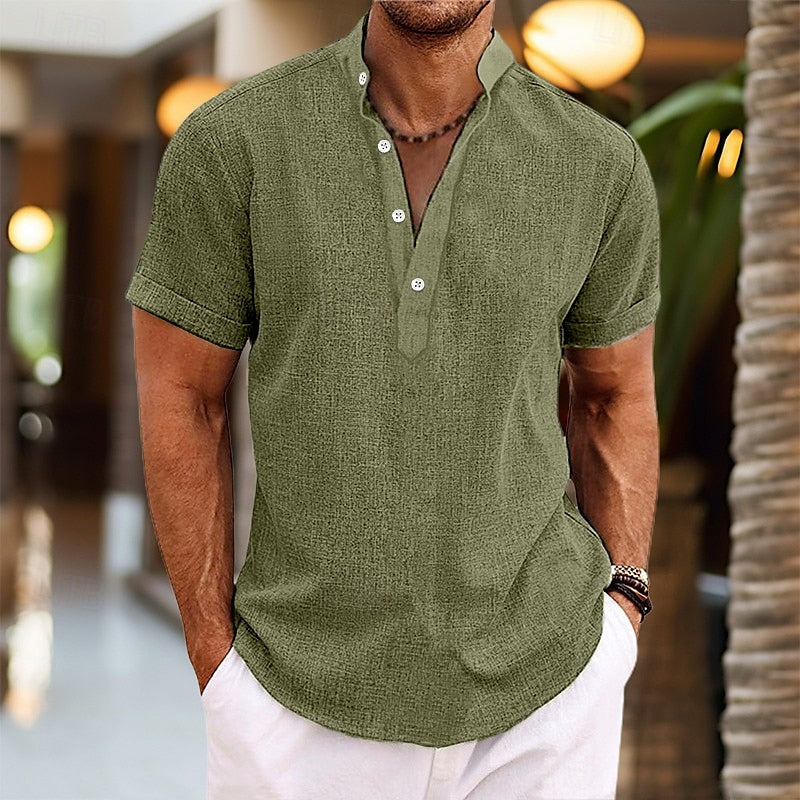 Henley Short Sleeve Shirt for Men - Band Collar Relaxed Fit - Image 8