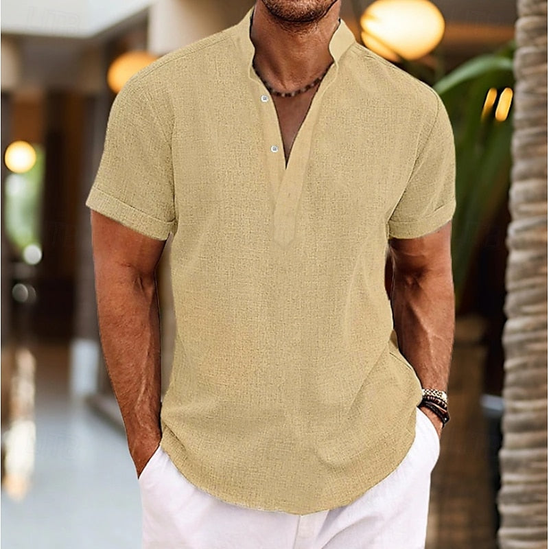 Henley Short Sleeve Shirt for Men - Band Collar Relaxed Fit - Image 9