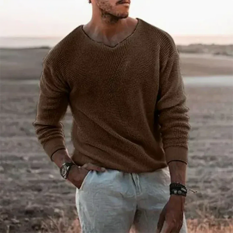 V-Neck Long Sleeve Sweater for Men - Textured Knit - Image 4