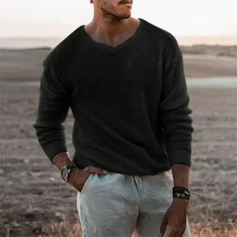 V-Neck Long Sleeve Sweater for Men - Textured Knit - Image 2