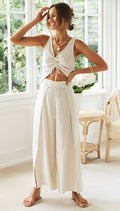 Wide Leg Two-Piece Set for women - Crop Top - Drawstring Waist Side Slit Pants - Image 1