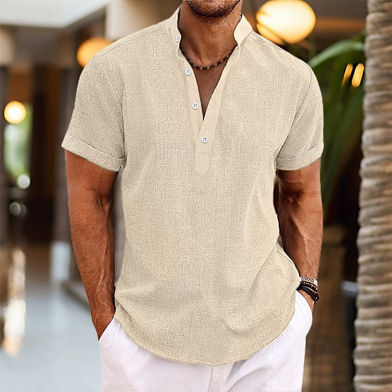 Henley Short Sleeve Shirt for Men - Band Collar Relaxed Fit - Image 6