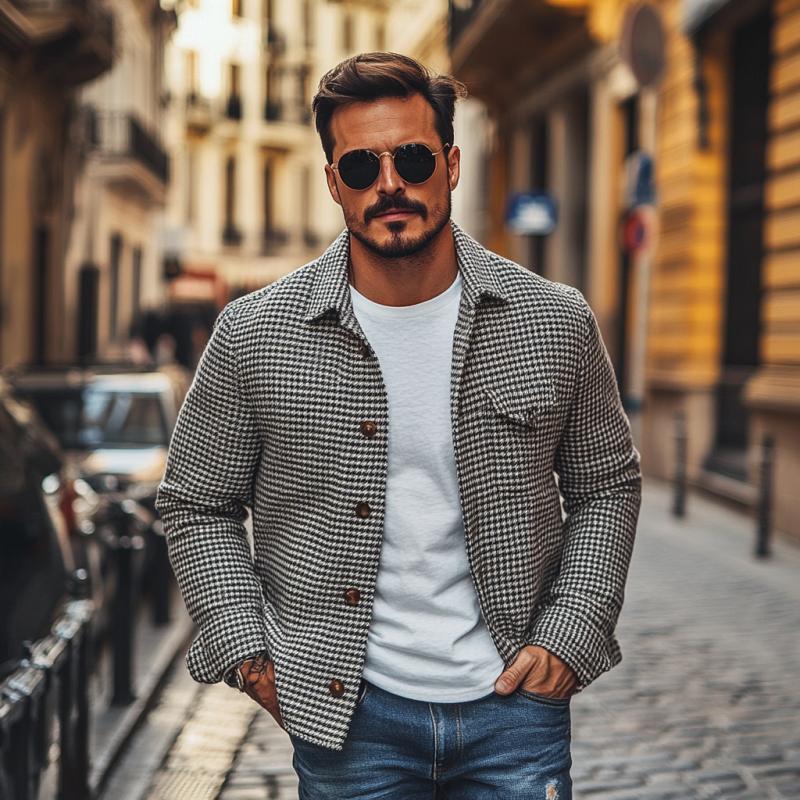 Patterned Button-Down Jacket for Men - Chest Pocket - Image 3