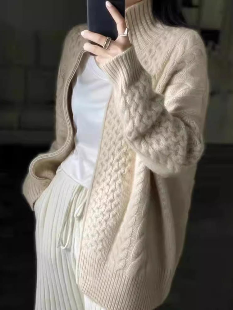 Cable Knit Zip-Up Jacket for Women - Long Sleeve - Image 4