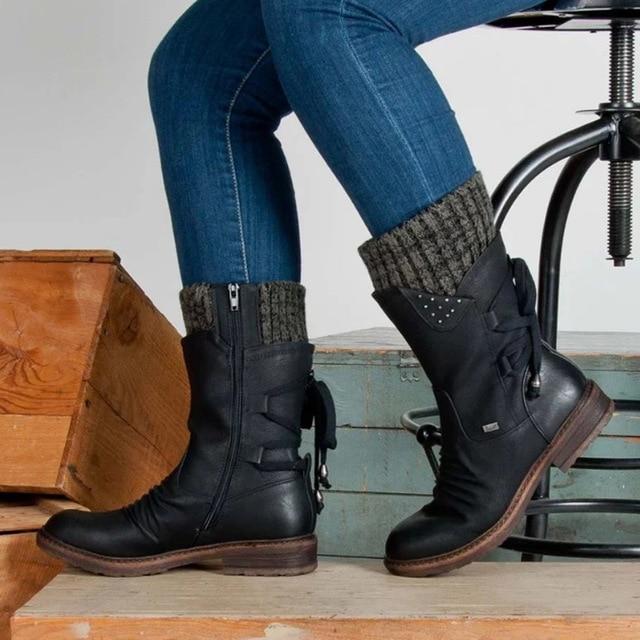 Lace-Up Mid-Calf Boots for Women - Slouch Boots - Image 7