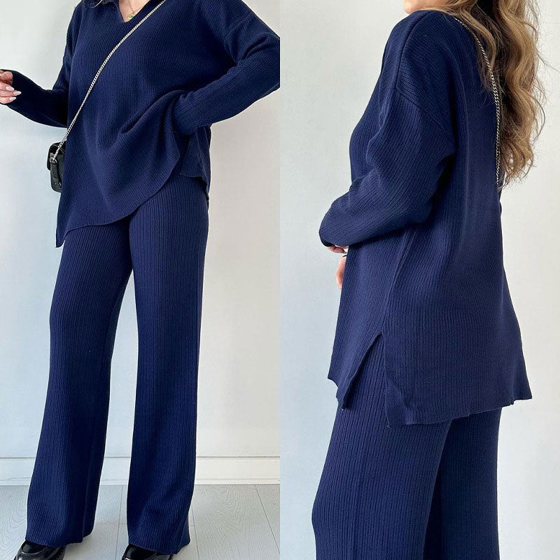 Ribbed Knit Lounge Set for Women - Side Slit - Image 5