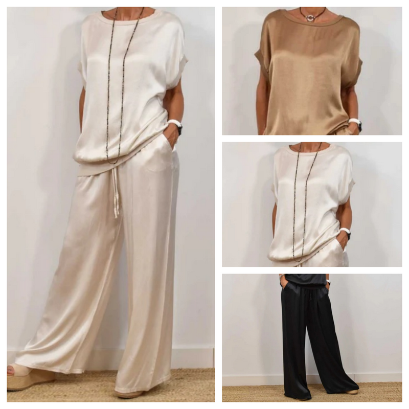 Wide Leg Pants Two-Piece Set for women - Drawstring Waist Pockets - Short Sleeve Top Relaxed Fit - Image 10