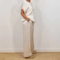 Wide Leg Pants Two-Piece Set for women - Drawstring Waist Pockets - Short Sleeve Top Relaxed Fit - Image 5