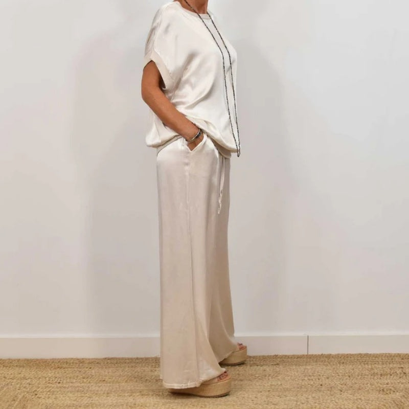 Wide Leg Pants Two-Piece Set for women - Drawstring Waist Pockets - Short Sleeve Top Relaxed Fit - Image 5