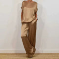 Wide Leg Pants Two-Piece Set for women - Drawstring Waist Pockets - Short Sleeve Top Relaxed Fit - Image 4