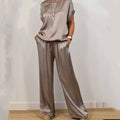 Wide Leg Pants Two-Piece Set for women - Drawstring Waist Pockets - Short Sleeve Top Relaxed Fit - Image 3