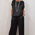 Wide Leg Pants Two-Piece Set for women - Drawstring Waist Pockets - Short Sleeve Top Relaxed Fit - Image 7
