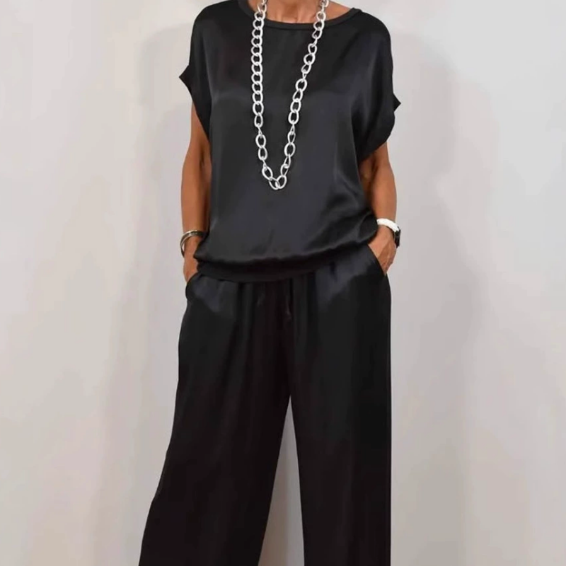 Wide Leg Pants Two-Piece Set for women - Drawstring Waist Pockets - Short Sleeve Top Relaxed Fit - Image 7
