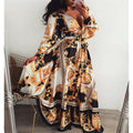 Maxi Dress for women - Long Sleeve Wrap Dress - V-Neck Thigh High Slit - Belted Boho Print - Image 11