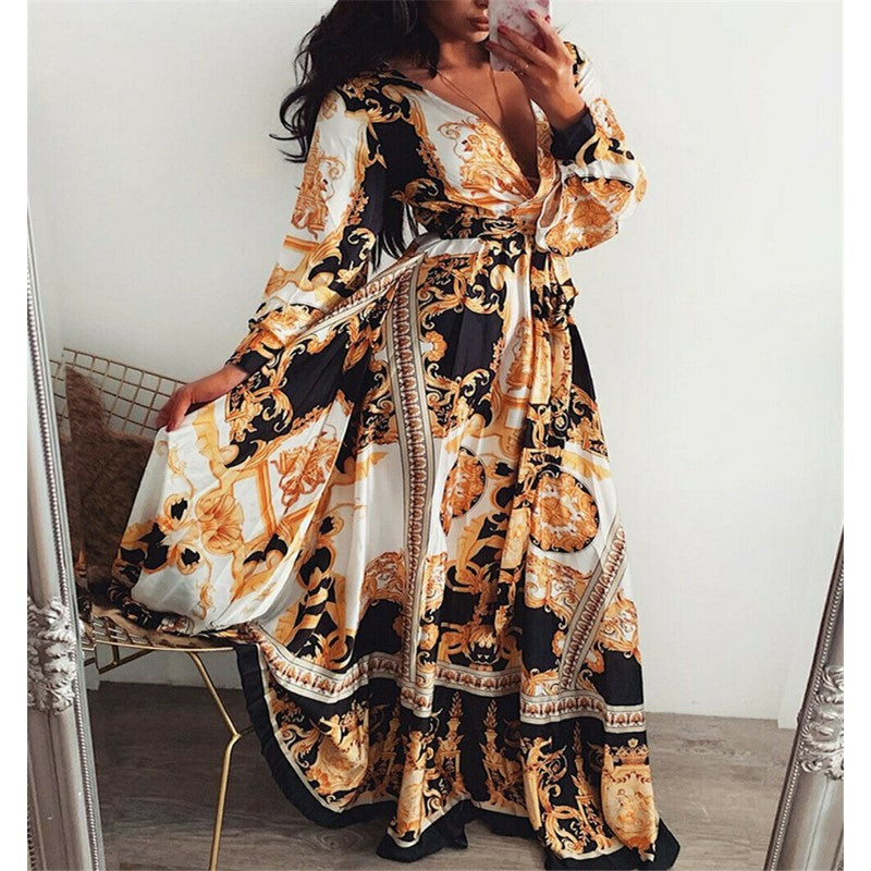 Maxi Dress for women - Long Sleeve Wrap Dress - V-Neck Thigh High Slit - Belted Boho Print - Image 11