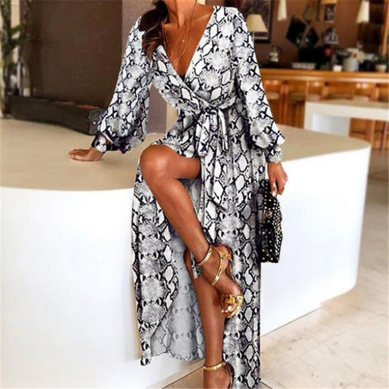 Maxi Dress for women - Long Sleeve Wrap Dress - V-Neck Thigh High Slit - Belted Boho Print - Image 12