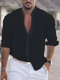 Band Collar Button-Down Shirt for Men - Long Sleeve Roll Sleeve - Image 6