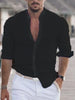 Band Collar Button-Down Shirt for Men - Long Sleeve Roll Sleeve - Image 6