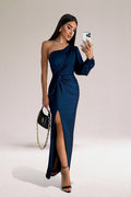 One Shoulder Formal Gown for women - Slit Draped Twist Front Dress - Image 6