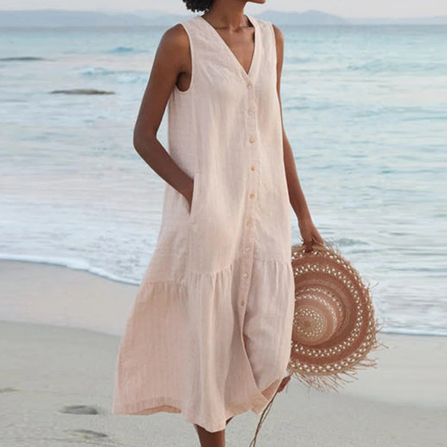 Sleeveless Button Front Midi Dress for women - V-Neck - Tiered Skirt Pocket Relaxed Fit - Image 1