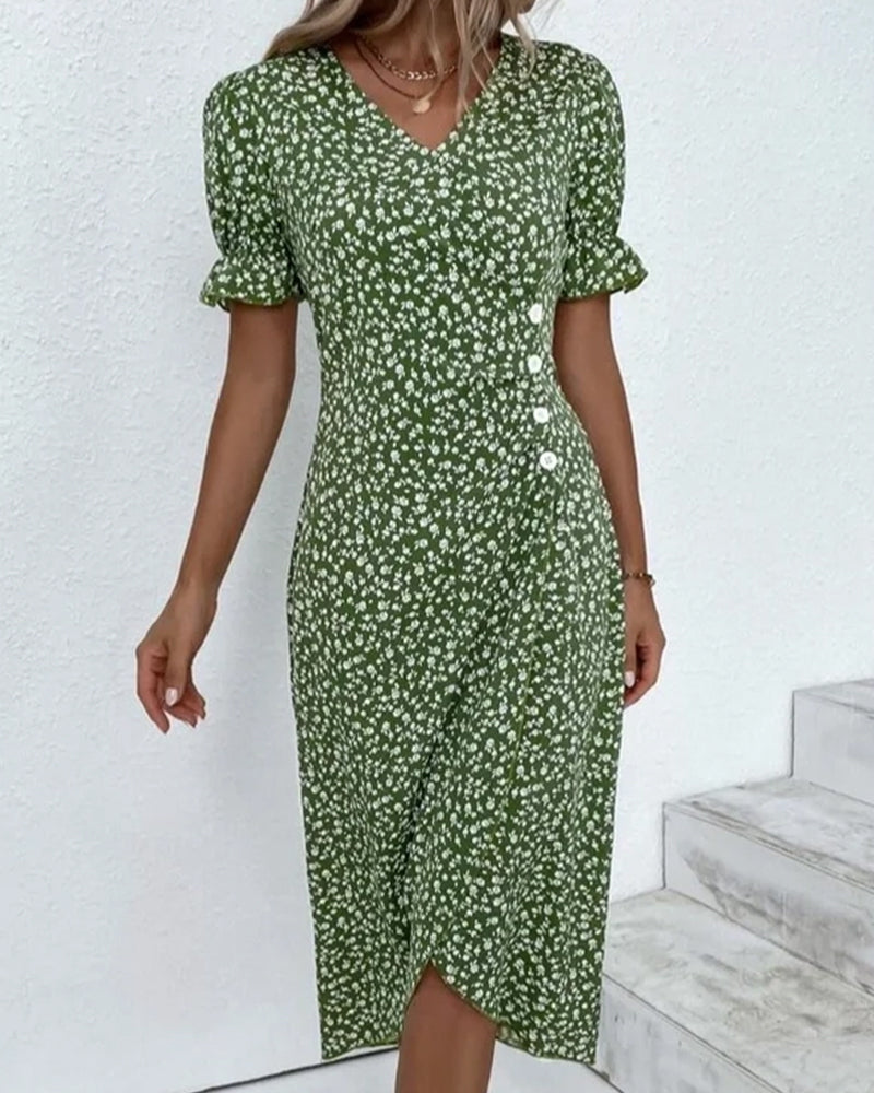 Floral Wrap Midi Dress for Women - V-Neck Puff Sleeve - Image 1
