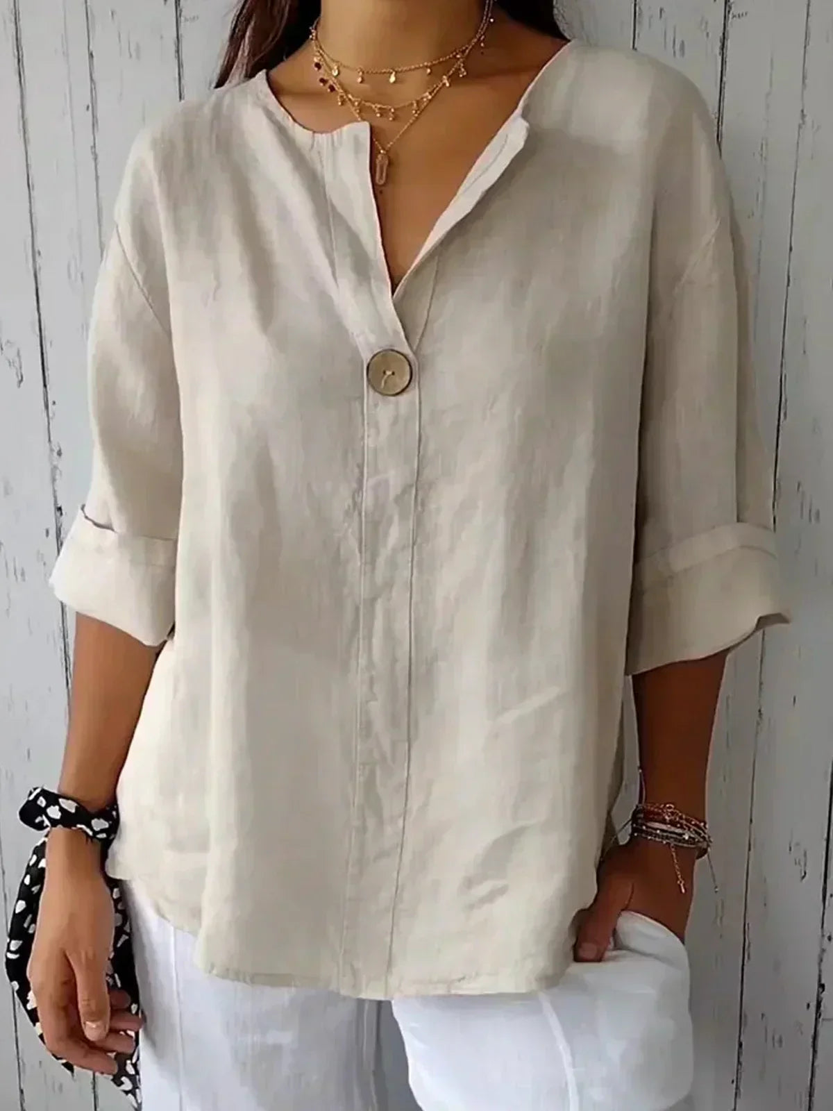 Button-Down Blouse for women - V-Neck Roll Sleeve - Oversized Relaxed Fit - Image 1