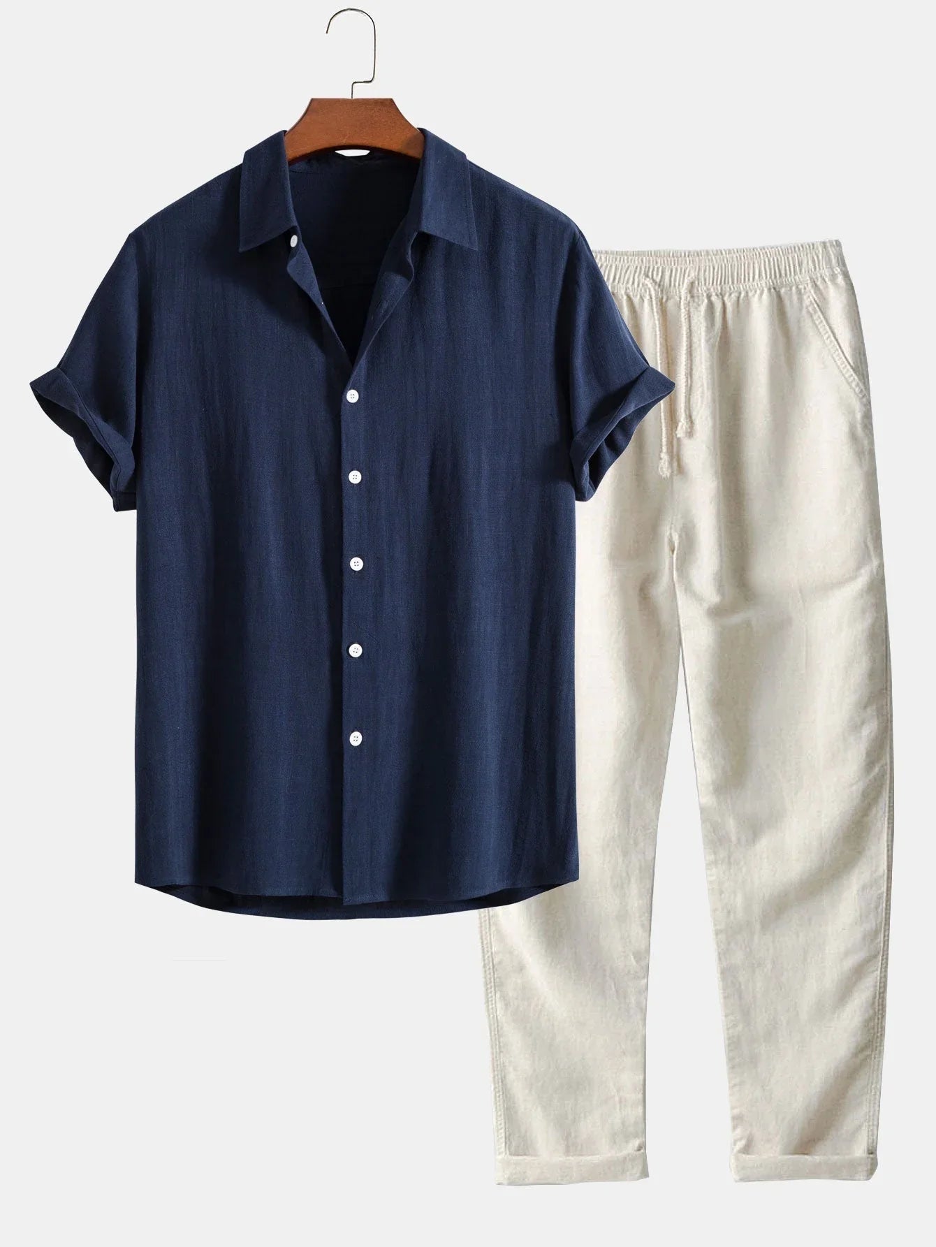 Button-Down Shirt and Pants Set for Men - Relaxed Fit Loungewear - Image 1