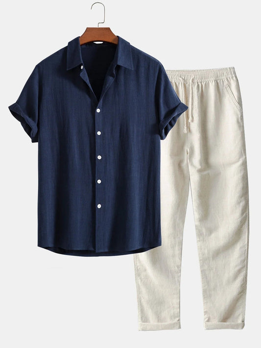 Button-Down Shirt and Pants Set for Men - Relaxed Fit Loungewear - Image 1