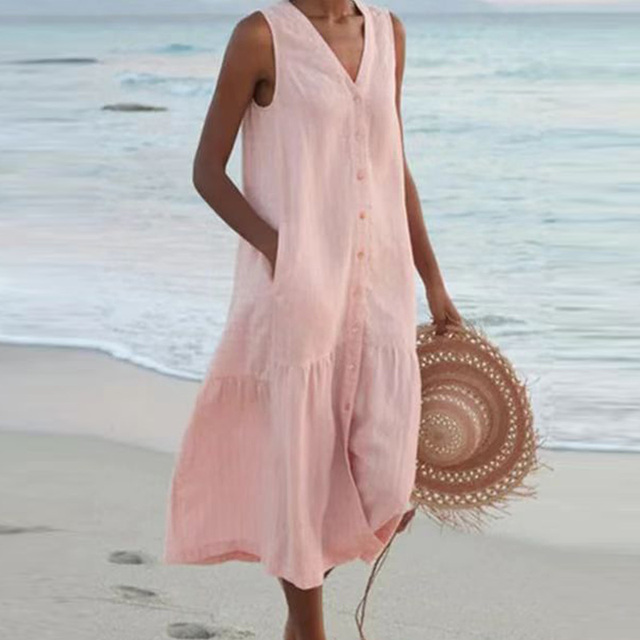 Sleeveless Button Front Midi Dress for women - V-Neck - Tiered Skirt Pocket Relaxed Fit - Image 4
