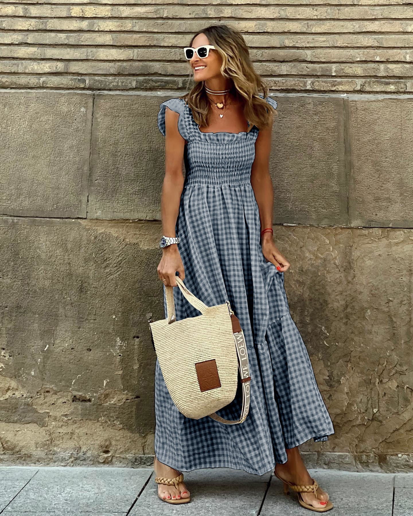 Gingham Maxi Dress for Women - Smocked Tiered - Image 5