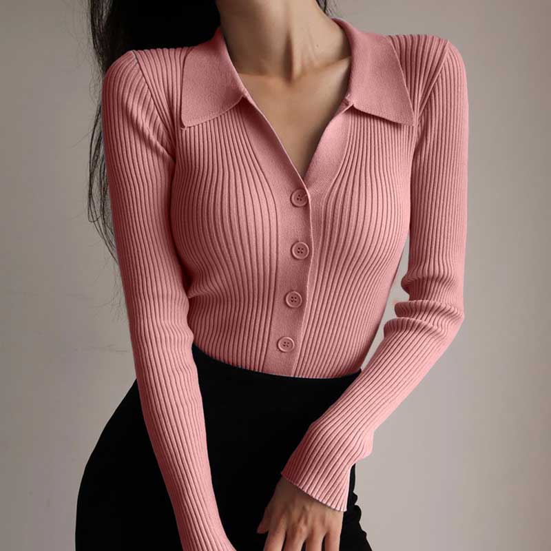 Collared Button-Down Sweater for Women - V-Neck - Image 1