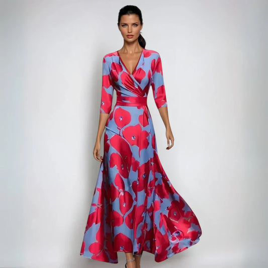 Floral Wrap Maxi Dress for Women - V-Neck 3/4 Sleeve - Image 1