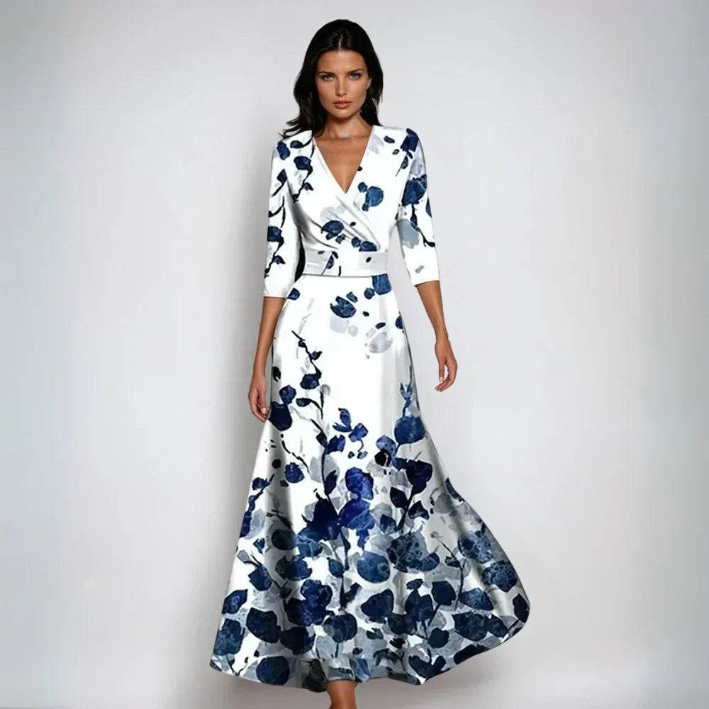 Floral Wrap Maxi Dress for Women - V-Neck 3/4 Sleeve - Image 2