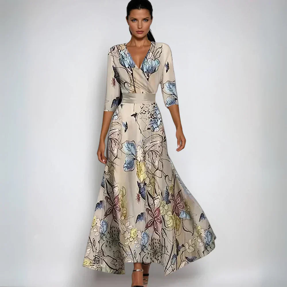 Floral Wrap Maxi Dress for Women - V-Neck 3/4 Sleeve - Image 3