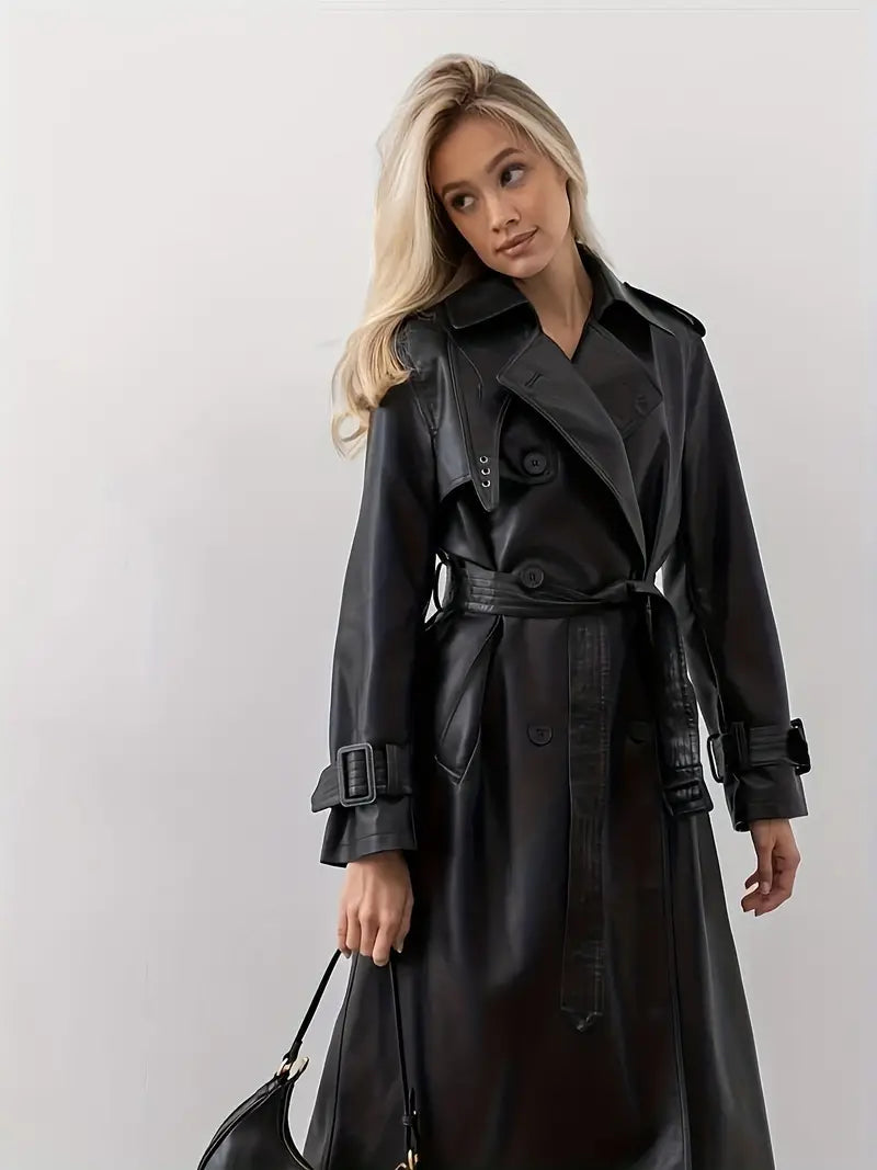 Leather Trench Coat for Women - Double-Breasted - Image 1