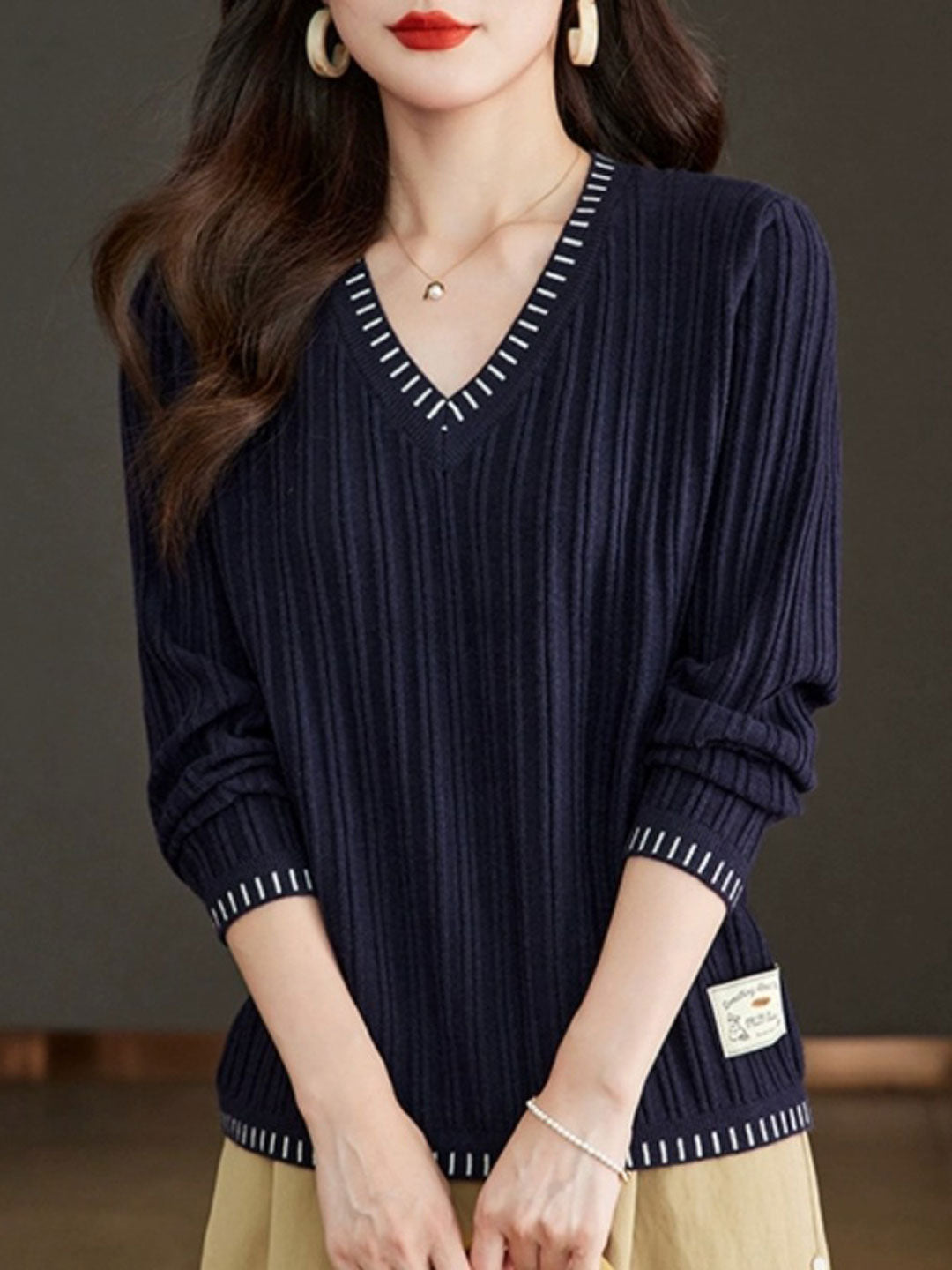 Ribbed V-Neck Sweater for Women - Crew Neck - Image 3