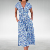 Floral Midi Dress for Women - V-Neck Pockets - Image 1