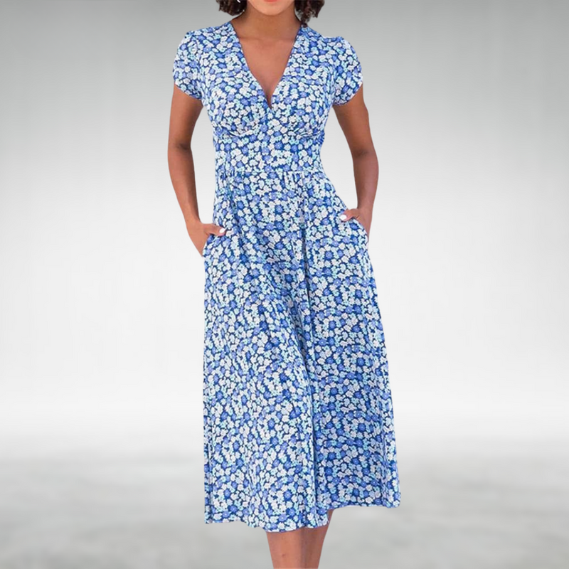 Floral Midi Dress for Women - V-Neck Pockets - Image 1