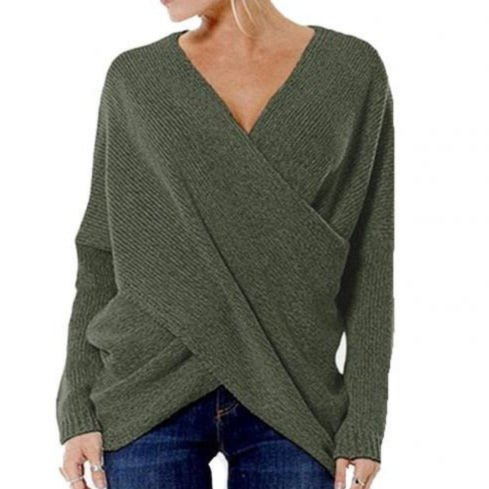 V-Neck Wrap Front Sweater for Women - Long Sleeve - Image 1