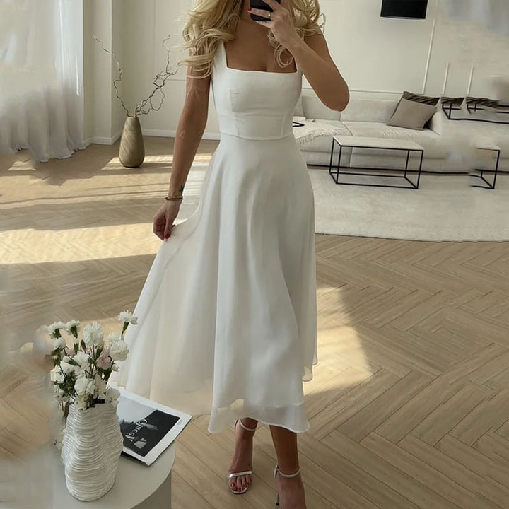 A-Line Midi Dress for Women - Square Neck Sleeveless - Image 1