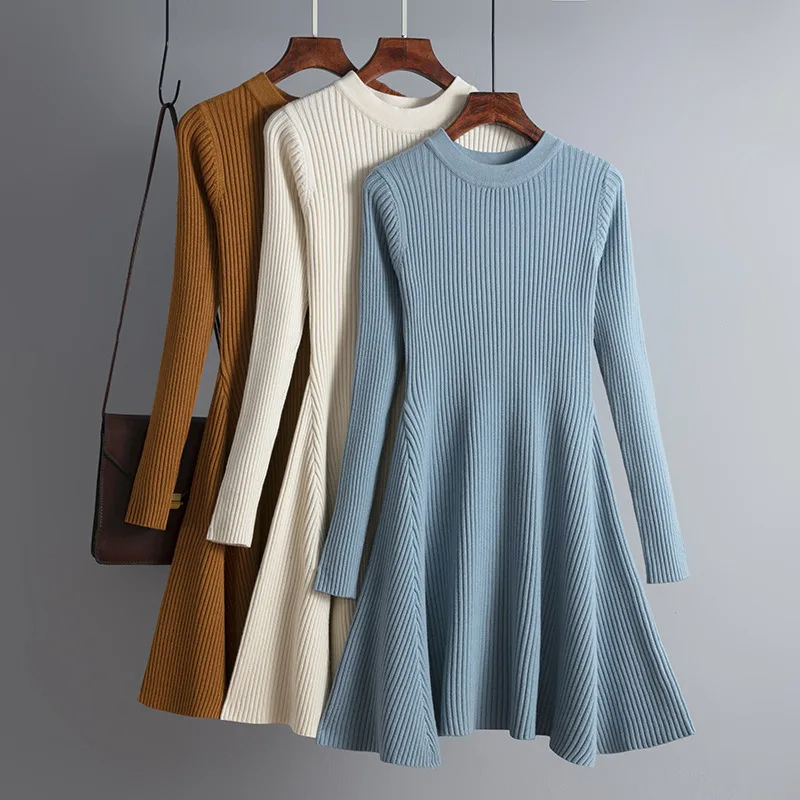 Ribbed A-Line Midi Dress for Women - Round Neck - Image 1