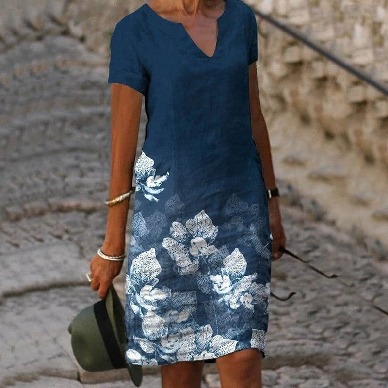 V-Neck Shift Dress for women - Short Sleeve - Floral Print Knee-Length Casual - Image 1