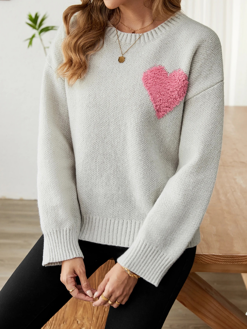 Crewneck Sweater for Women - Heart Applique - Image 1