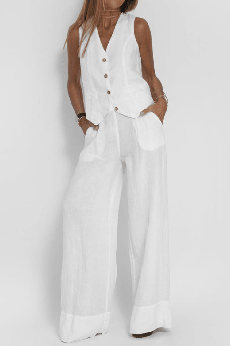 Wide Leg Pant Suit for women - Sleeveless Vest - High Waisted Pleated Pants - Image 3