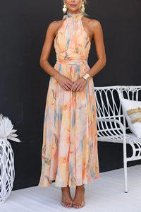 Floral Halter Maxi Dress for Women - Tie Back A-Line - Image 1