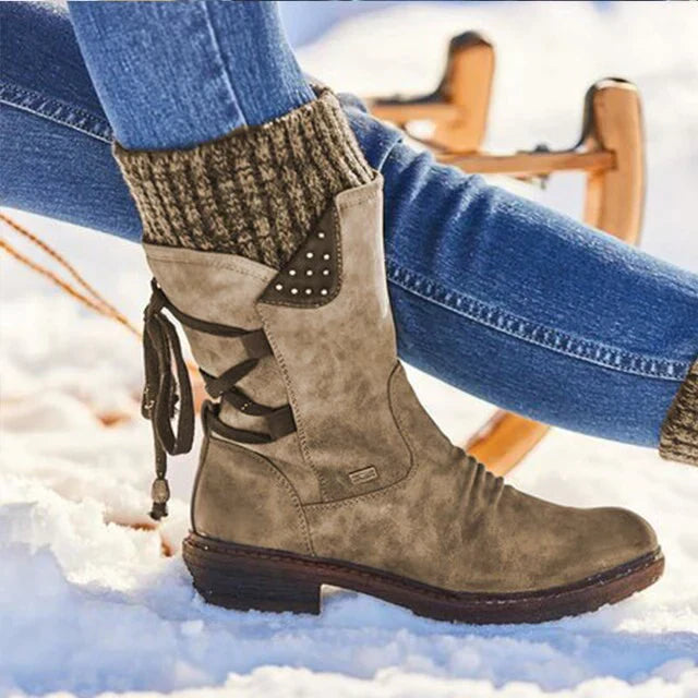 Lace-Up Slouch Boots for Women - Block Heel - Image 1