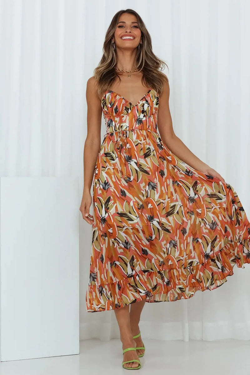 Spaghetti Strap Midi Dress for women - A-Line Floral Print - Tie Waist Ruffle Hem V-Neck - Image 1