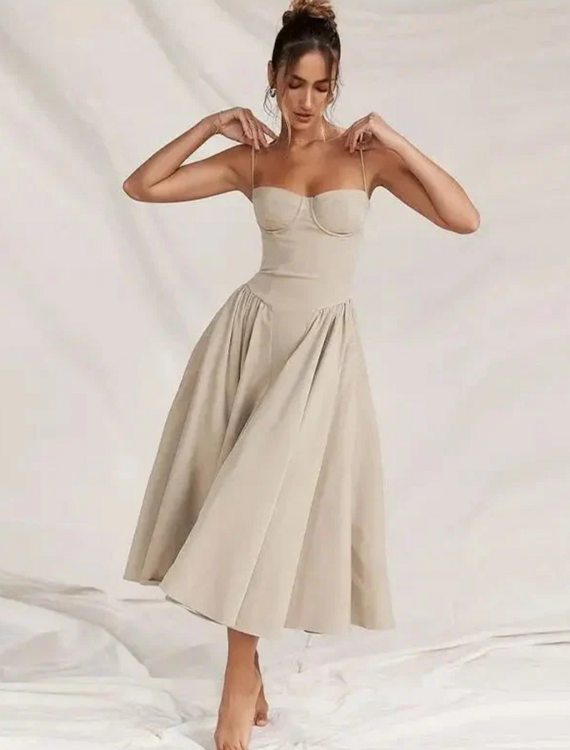 A-Line Midi Dress for women - Spaghetti Strap Bustier Fitted Bodice - Pockets Empire Waist - Image 1