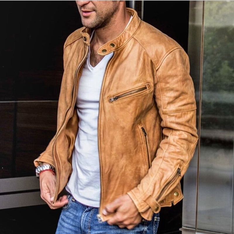 Leather Racer Jacket for Men - Snap Button Closure - Image 1