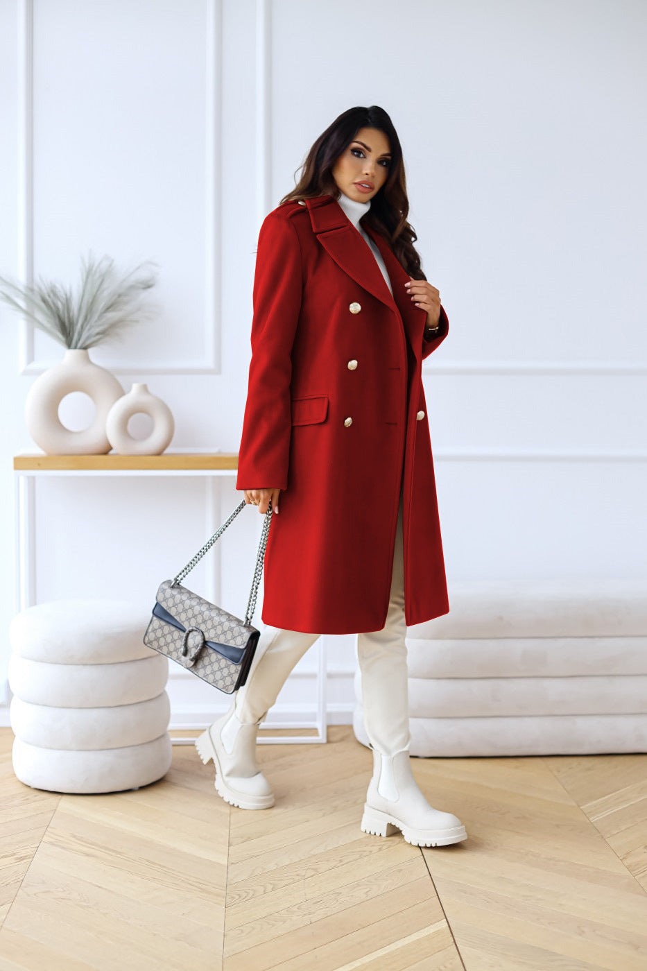 Double-Breasted Long Coat for Women - Button Front - Image 6